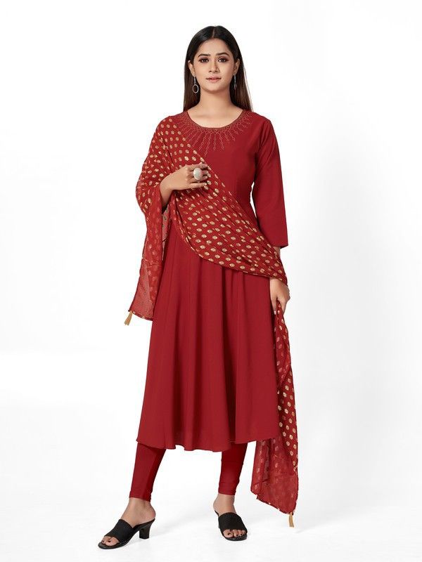 Women Solid Crepe Anarkali Kurta With Attached Dupatta  (Red)