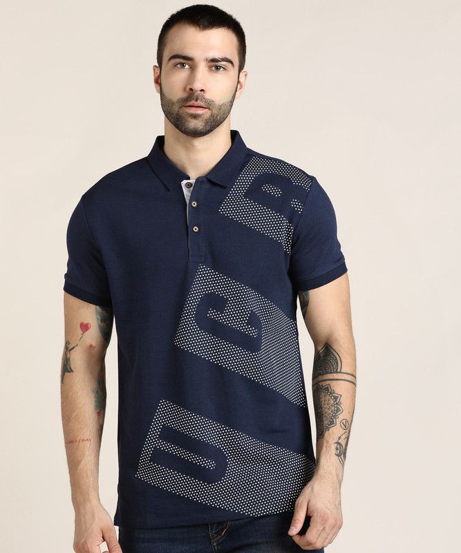 Men Printed Polo Neck Poly Cotton Dark Blue T-Shirt
