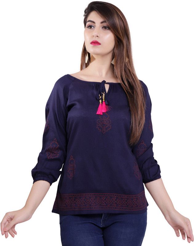 Casual Bishop Sleeve Printed Women Dark Blue Top