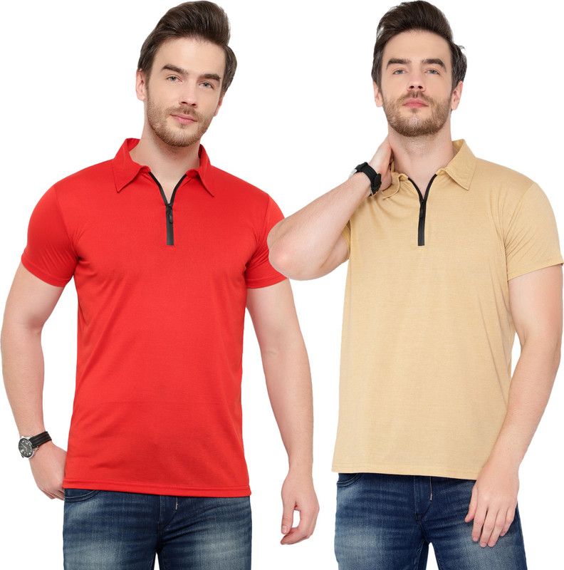 Pack of 2 Men Solid Polo Neck Cotton Blend Red, Beige T-Shirt