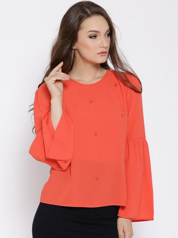 Casual Bell Sleeves Embellished Women Orange Top