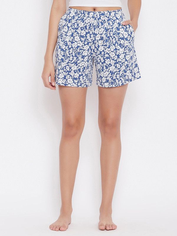 Floral Print Women White, Blue Night Shorts