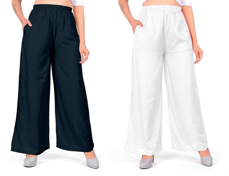 Pack of 2 Women Regular Fit Dark Blue, White Viscose Rayon Trousers