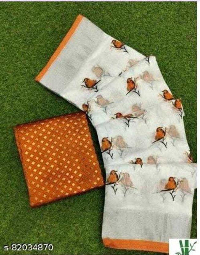 Printed Bollywood Cotton Linen Saree  (White, Orange)