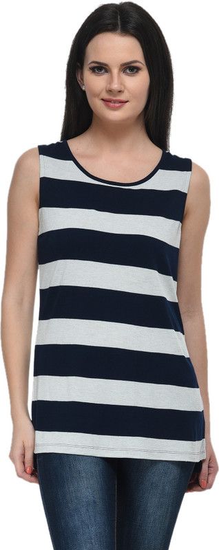 Casual Sleeveless Striped Women Dark Blue, Brown Top