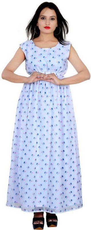 Printed Georgette Stitched Flared/A-line Gown  (White)