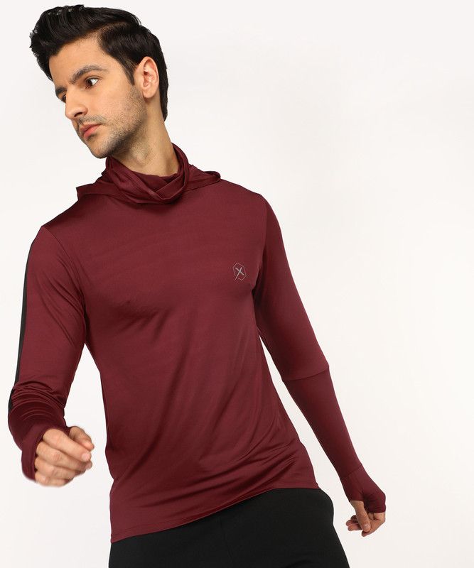 Men Solid High Neck Cotton Blend Maroon T-Shirt
