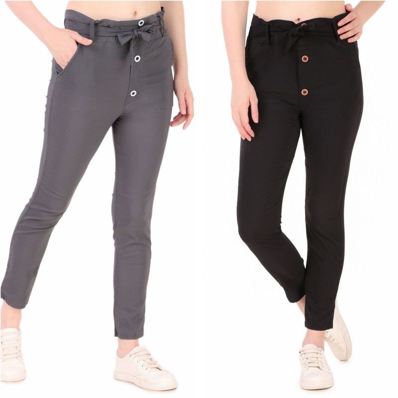 Pack of 2 Women Slim Fit Black, Grey Cotton Blend Trousers
