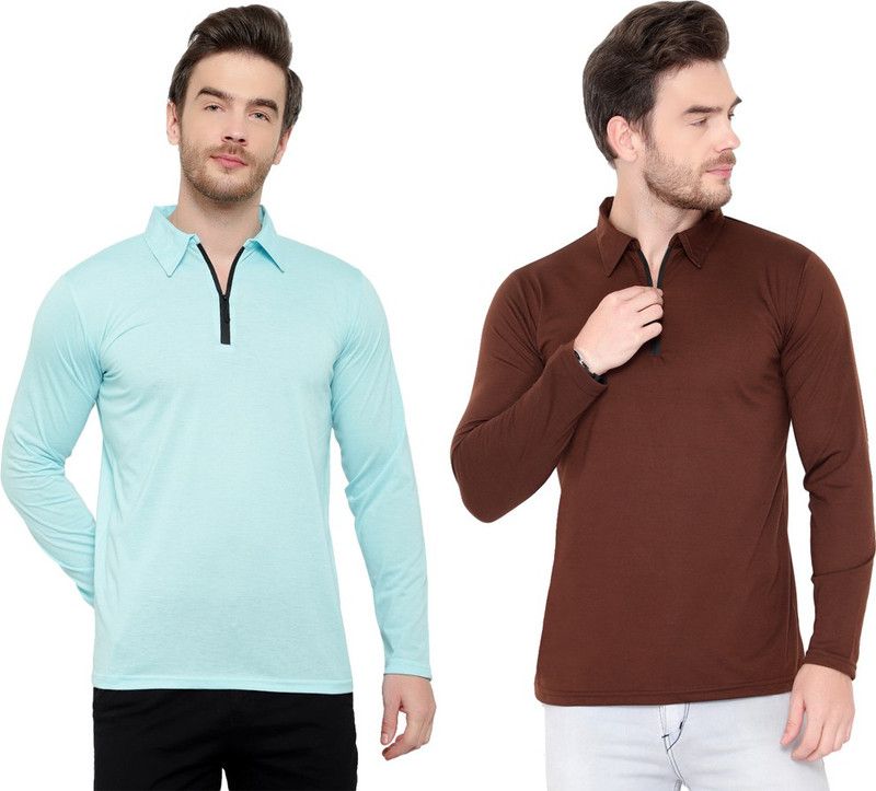 Pack of 2 Men Solid Polo Neck Cotton Blend Blue, Brown T-Shirt