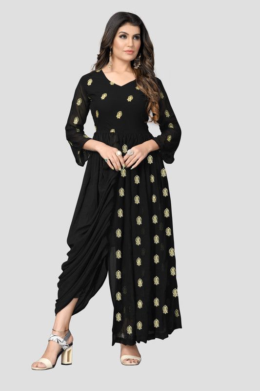 Printed Georgette Stitched Flared/A-line Gown  (Black)