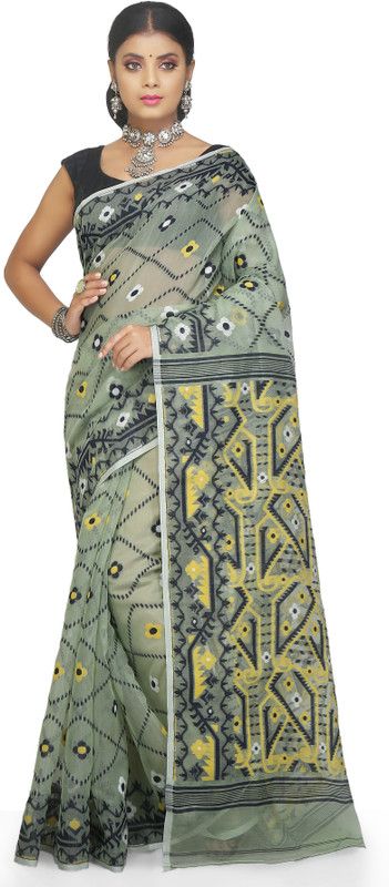 Woven Jamdani Cotton Silk Saree  (Light Green)