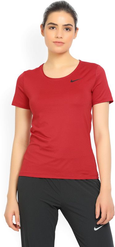 Women Self Design Round Neck Poly Cotton Red T-Shirt