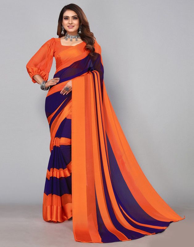 Floral Print, Printed, Striped, Woven, Embellished, Geometric Print Bollywood Georgette Saree  (Dark Blue, Orange)