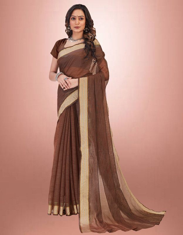 Striped, Self Design, Embellished Bollywood Cotton Silk, Pure Silk Saree  (Brown)