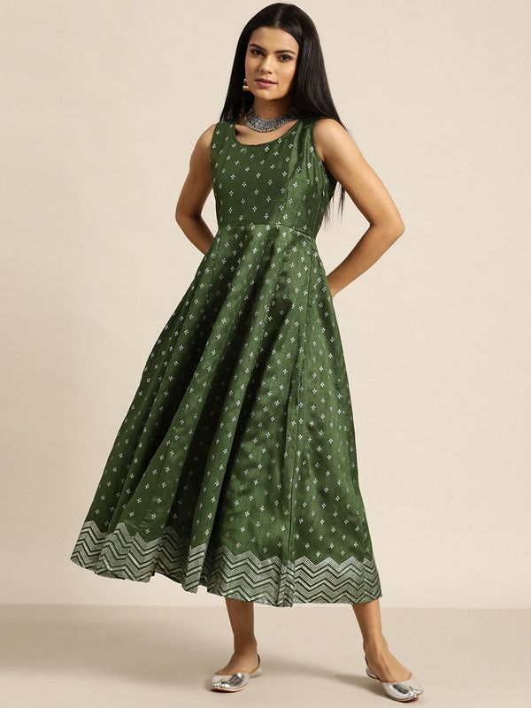 Women Fit and Flare Green, Silver Dress