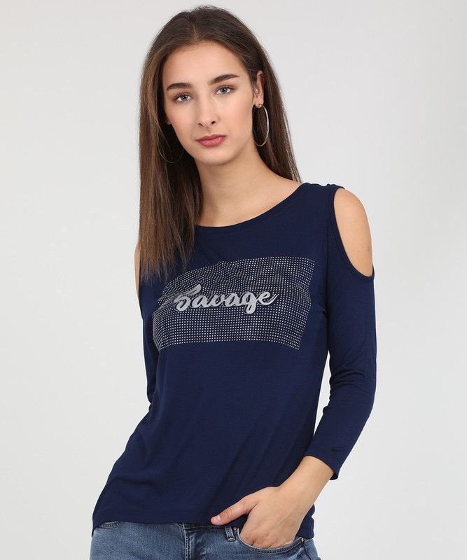 Casual Cold Shoulder Sleeves Embellished Women Dark Blue Top
