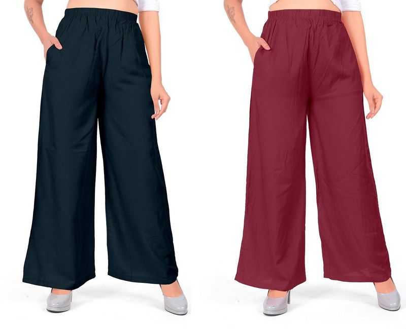Pack of 2 Women Regular Fit Dark Blue, Maroon Viscose Rayon Trousers