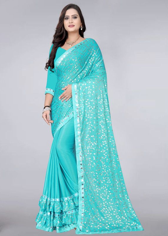 Printed Bollywood Lycra Blend Saree  (Light Blue)