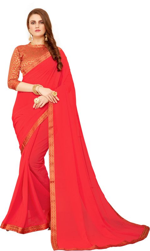 Solid, Embroidered Fashion Georgette Saree  (Red)