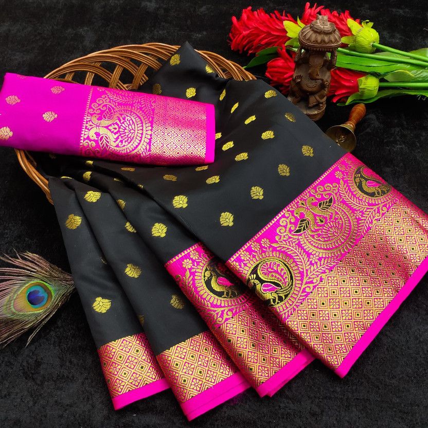 Printed, Woven Banarasi Pure Silk, Cotton Silk Saree  (Black)