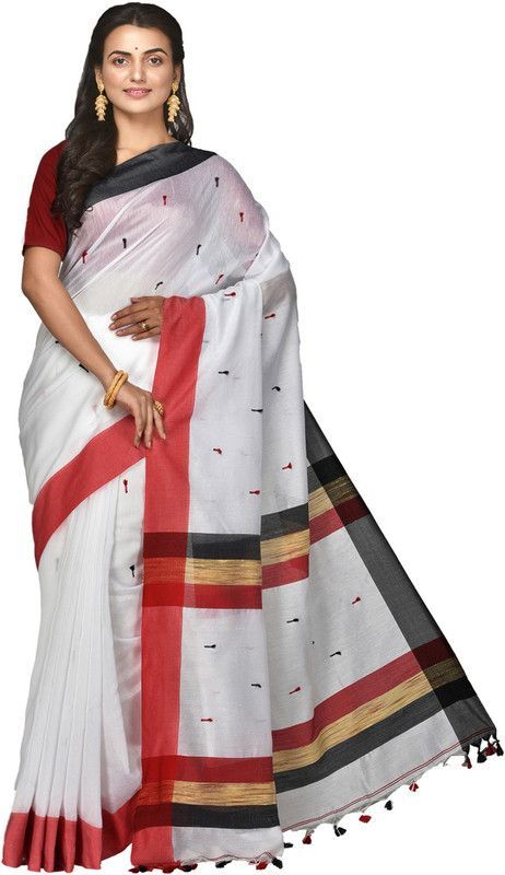 Embroidered, Striped Handloom Cotton Silk Saree  (White)