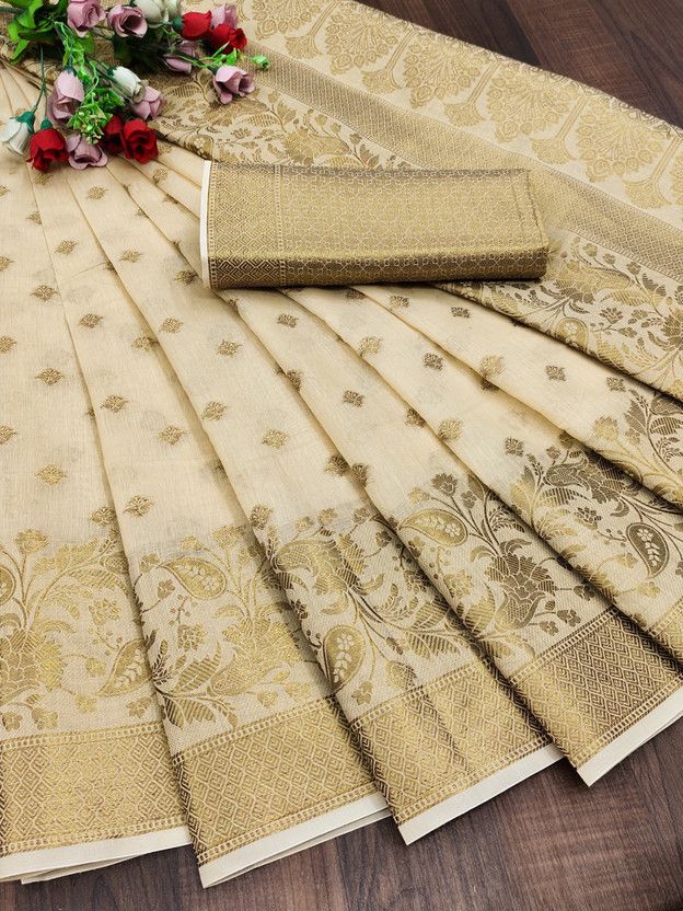 Self Design, Embroidered, Woven, Checkered Banarasi Jacquard, Art Silk Saree  (Cream)