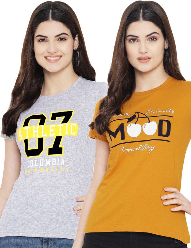 Pack of 2 Women Typography Round Neck Pure Cotton Grey, Yellow T-Shirt