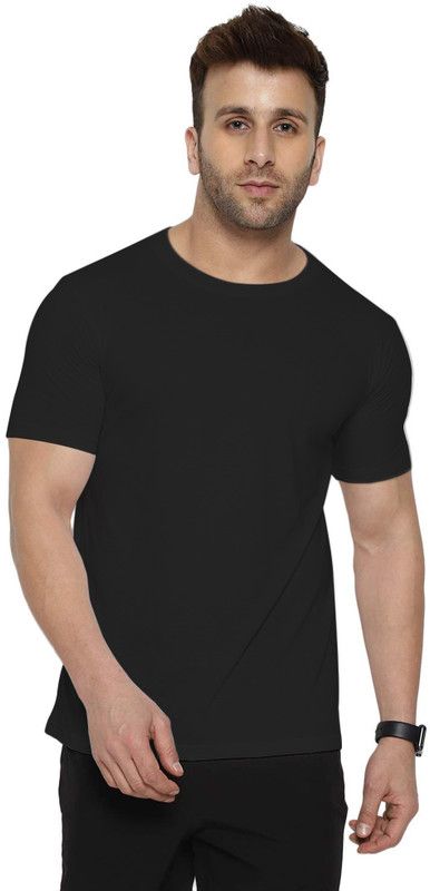 Round Neck Plane T-shirts In Mullticolours Men Solid Round Neck Poly Cotton Black T-Shirt