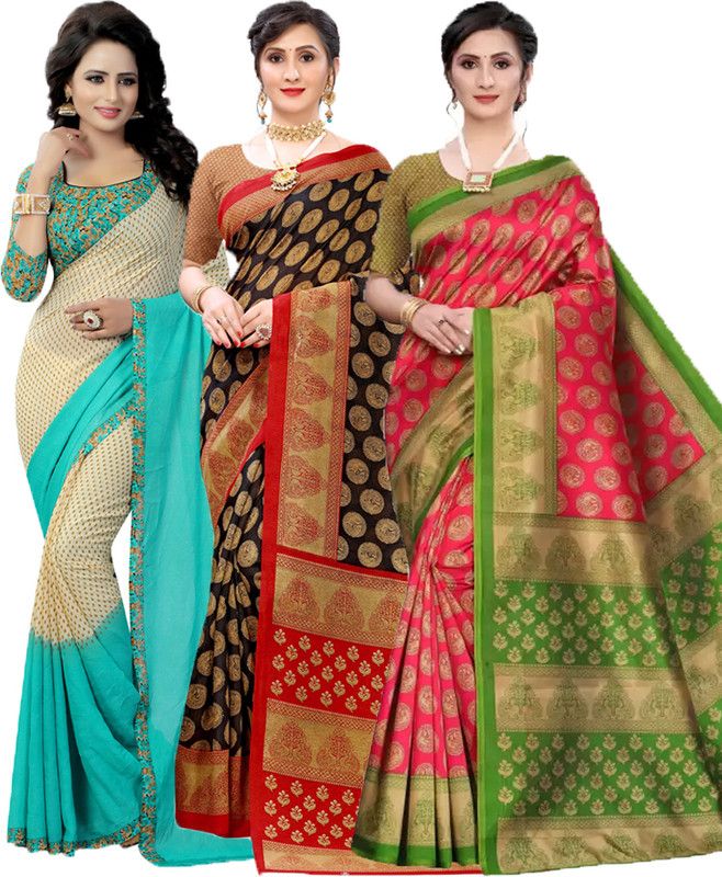 Printed Bollywood Georgette Saree  (Pack of 3, Light Green, Black, Pink)