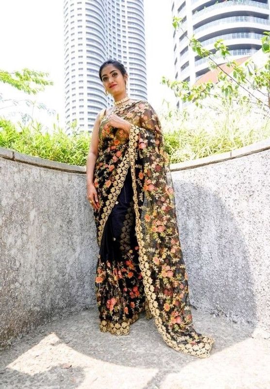 Self Design, Embroidered, Embellished Bollywood Net Saree  (Multicolor)