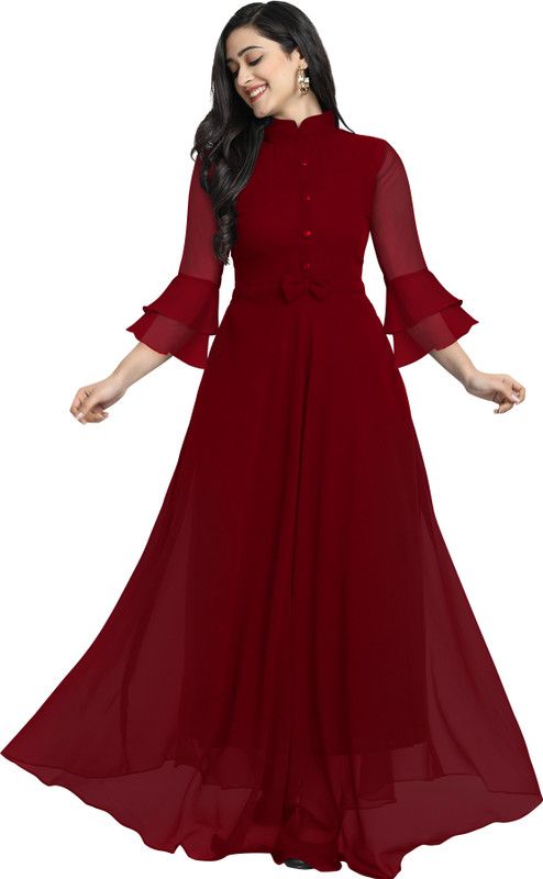 Solid Georgette Stitched Flared/A-line Gown  (Maroon)