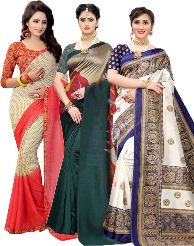 Printed Bollywood Georgette Saree  (Pack of 3, Red, Dark Green, Blue)