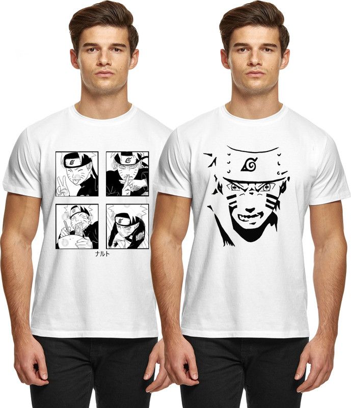 Pack of 2 Men Printed, Typography, Solid Crew Neck Polyester White T-Shirt