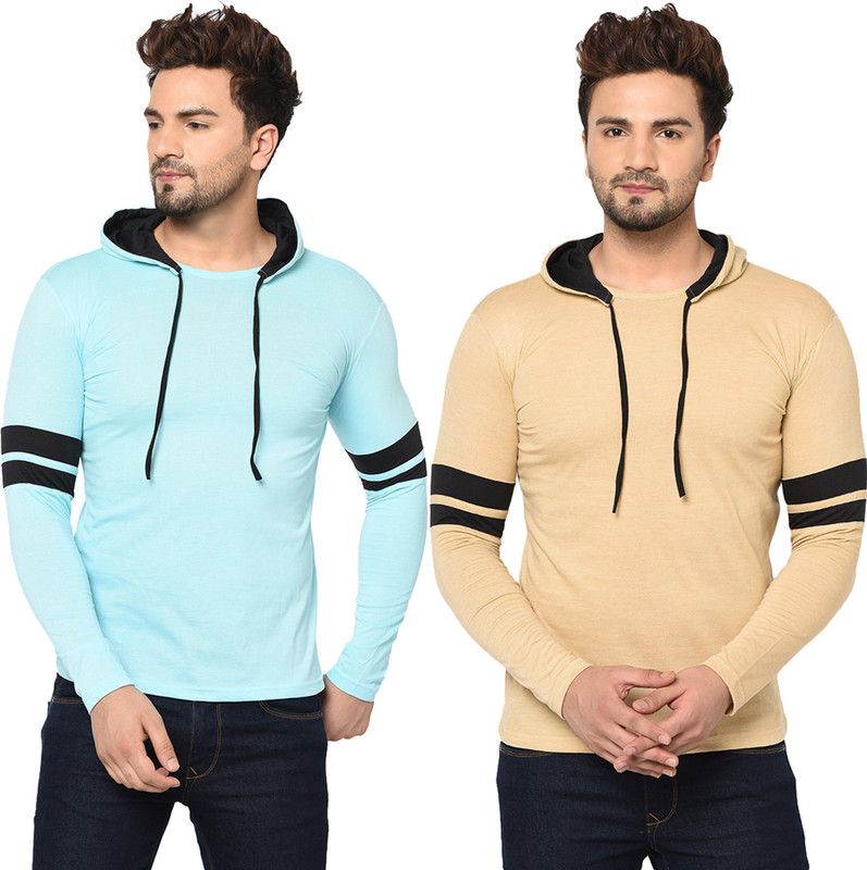 Pack of 2 MZM Men Solid Hooded Neck Cotton Blend Blue, Beige T-Shirt