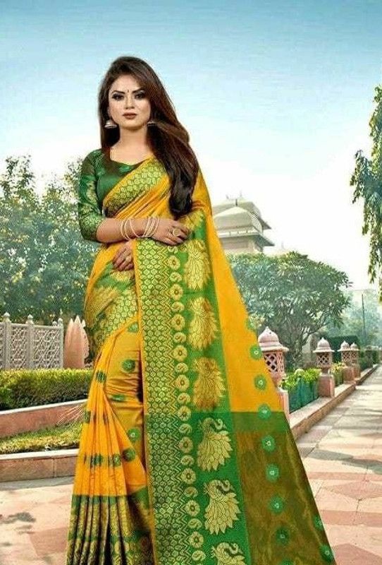 Woven Thanjavur Jacquard Saree  (Yellow)