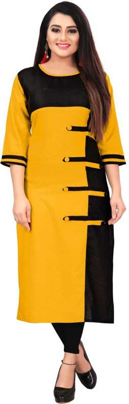 Women Printed Cotton Blend Straight Kurta  (Black, Yellow)