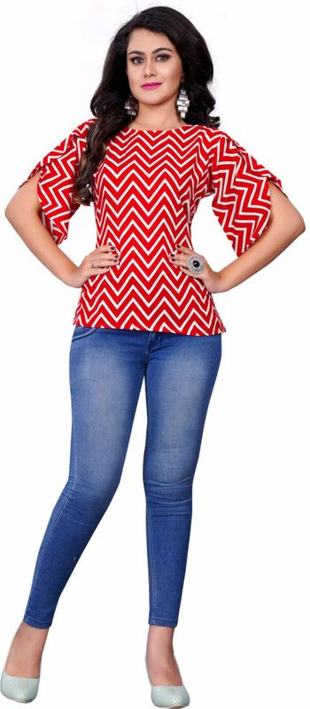 Party Cutout Chevron/Zig Zag Women Red, White Top