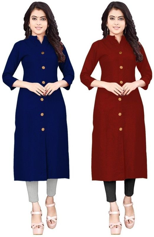 Pack of 2 Women Solid Cotton Linen A-line Kurta  (Dark Blue, Maroon)