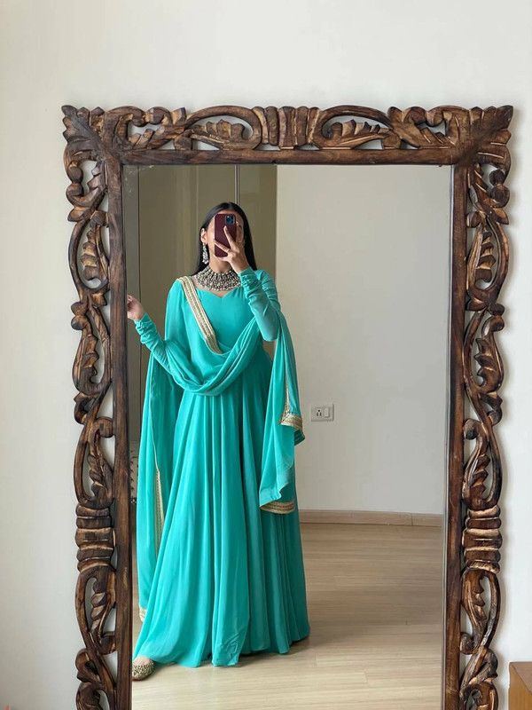 Solid Georgette Stitched Anarkali Gown  (Light Blue)