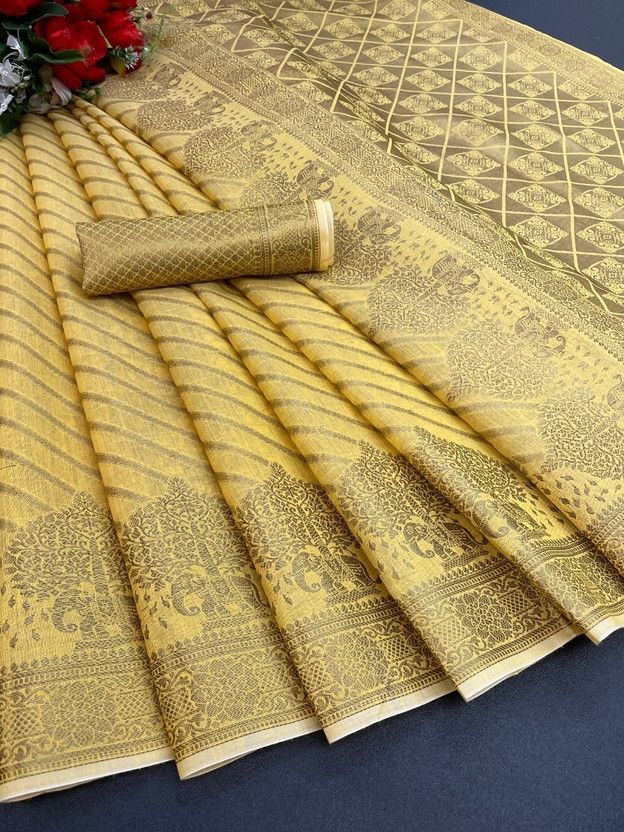 Self Design, Paisley, Digital Print, Blocked Printed, Woven, Graphic Print, Checkered Banarasi Jacquard Saree  (Yellow)