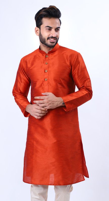 Men Solid Pure Silk Straight Kurta  (Red)