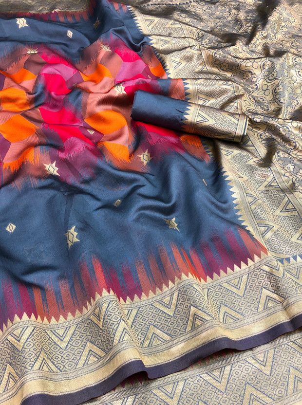 Printed Kanjivaram Jacquard, Pure Silk Saree  (Orange, Grey)