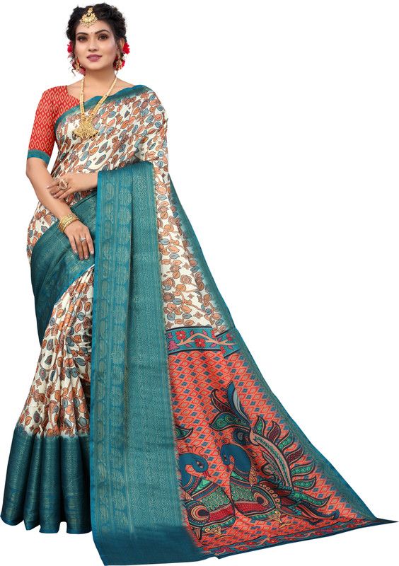 Floral Print Bollywood Cotton Silk Saree  (White)