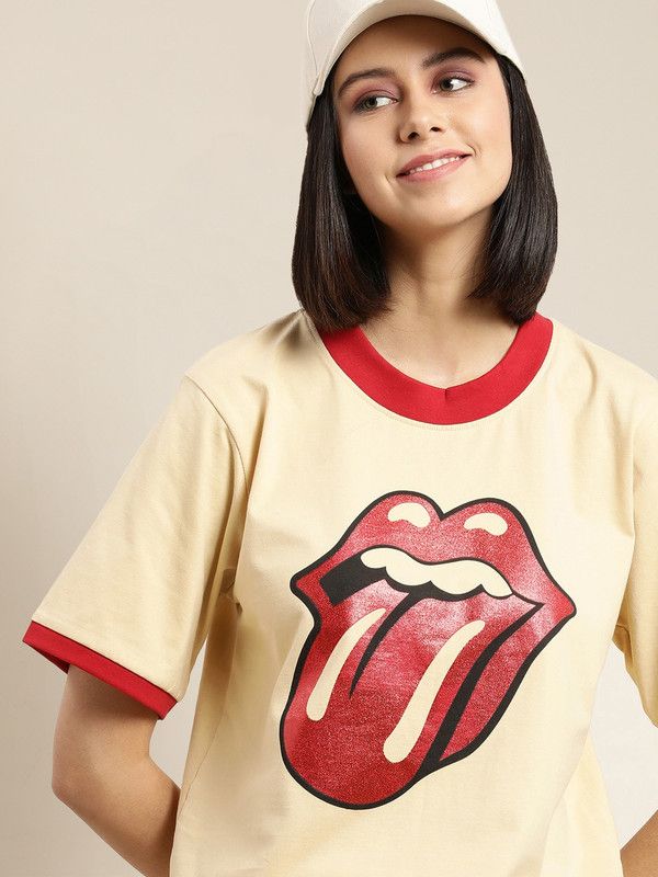Women Graphic Print Round Neck Pure Cotton Beige T-Shirt