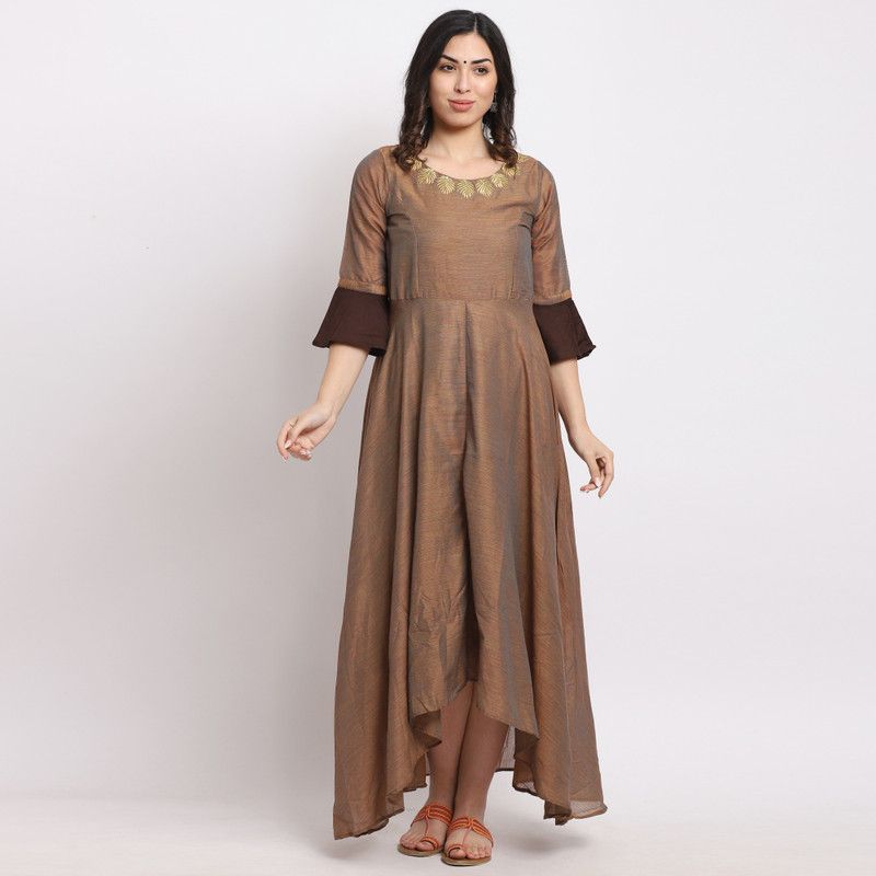 Embroidered Silk Blend Stitched Anarkali Gown  (Brown)