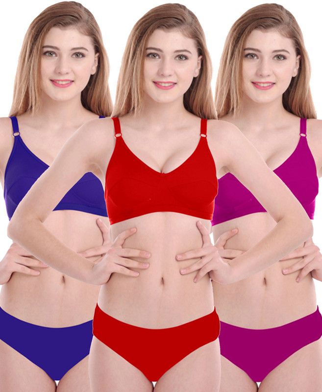 Bra & Panty Set Solid Blue, Red, Pink Lingerie Set
