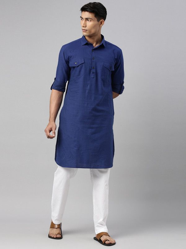 Men Solid Pure Cotton Pathani Kurta  (Dark Blue)