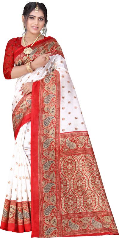 Printed Daily Wear Art Silk Saree  (Red, White)