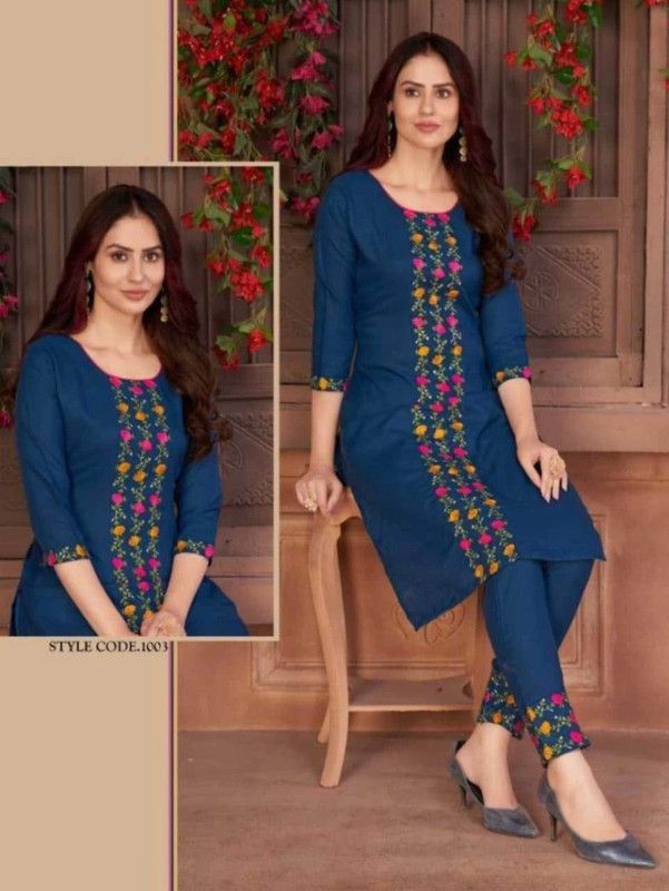 Women Embroidered Cotton Blend Anarkali Kurta  (Dark Blue)