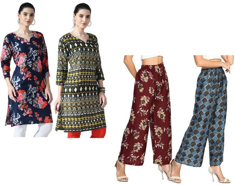 Pack of 4 Women Floral Print Crepe Straight Kurta  (Light Blue, Maroon, Yellow)